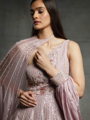 Pink Peacock Couture - Pink Embroidered Gown with a Cape - Image 3
