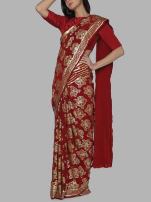 HOUSE OF MASABA - MAROON FULL BLOOM FOIL PRINTED SAREE - Image 3