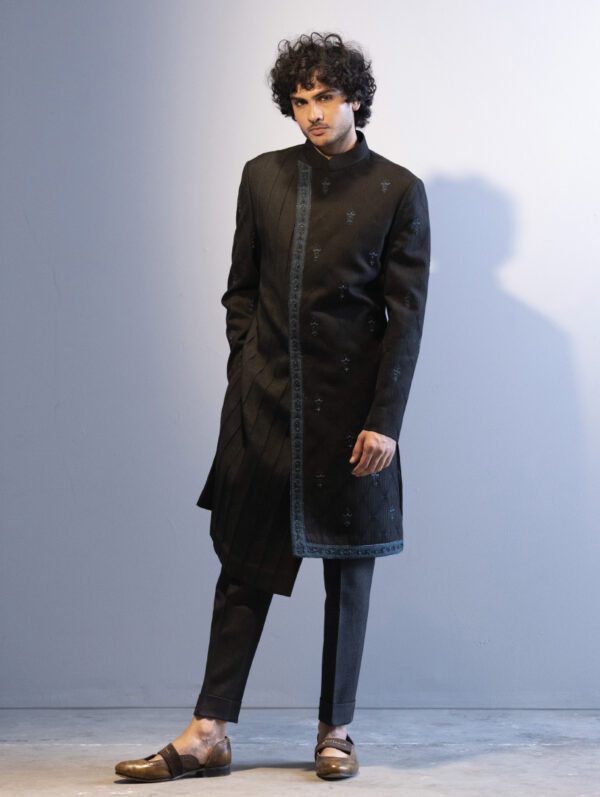 Jatin Malik - Black and teal Achkan