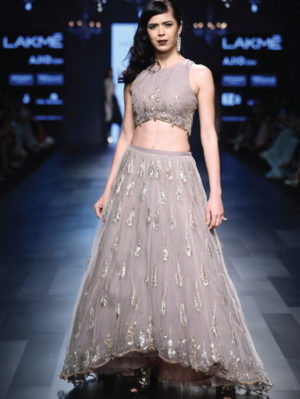 Payal Singhal - Ruby Blush Colour Net with Ash Grey Colour Organza Choli and Lehenga - Image 3