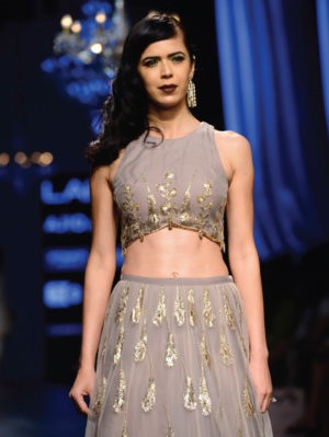 Payal Singhal - Ruby Blush Colour Net with Ash Grey Colour Organza Choli and Lehenga - Image 4