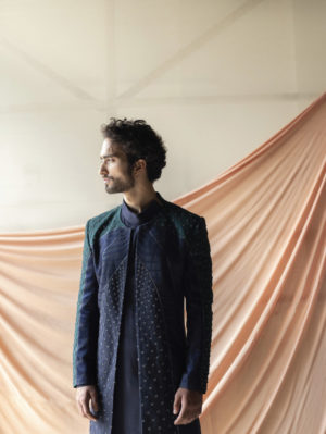 Jatin Malik - Midnight blue and teal color block Contemporary Jacket - Image 7