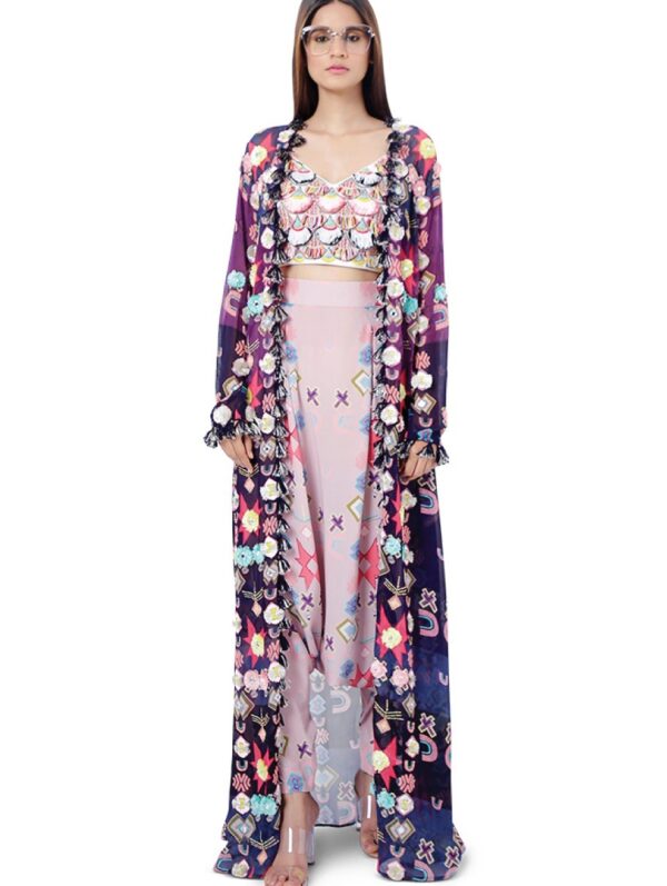 Payal Singhal - Tazmeen Purple Printed Art Georgette Duster Jacket with White Crepe Tie-Up Choli and Pink Printed Crepe Low Crotch Pant