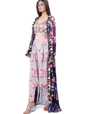Payal Singhal - Tazmeen Purple Printed Art Georgette Duster Jacket with White Crepe Tie-Up Choli and Pink Printed Crepe Low Crotch Pant - Image 2