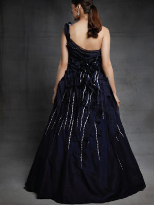 Pink Peacock Couture - Midnight blue embroidered one shoulder ruffled gown - Image 3