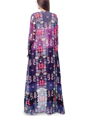 Payal Singhal - Tazmeen Purple Printed Art Georgette Duster Jacket with White Crepe Tie-Up Choli and Pink Printed Crepe Low Crotch Pant - Image 3