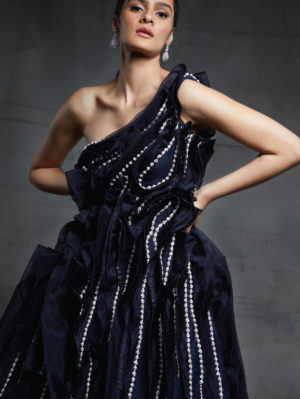 Pink Peacock Couture - Midnight blue embroidered one shoulder ruffled gown - Image 4