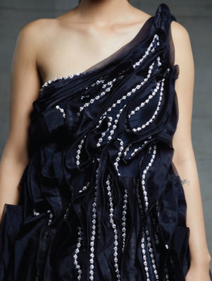 Pink Peacock Couture - Midnight blue embroidered one shoulder ruffled gown - Image 2