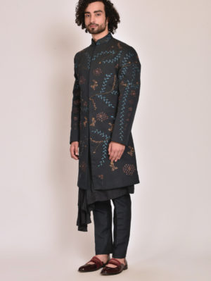 Jatin Malik - Midnight blue Handpaint  Achkan - Image 10