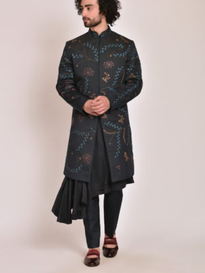 Jatin Malik - Midnight blue Handpaint  Achkan - Image 11