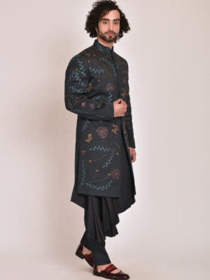Jatin Malik - Midnight blue Handpaint  Achkan - Image 2