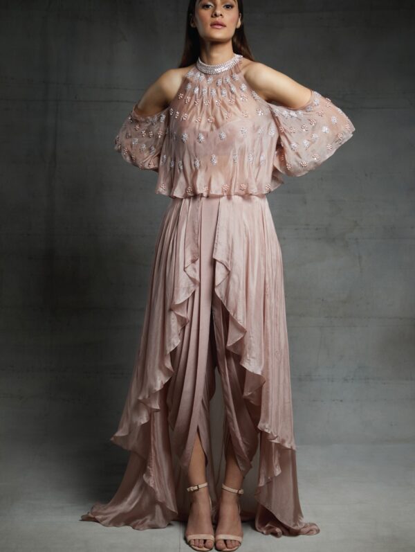Pink Peacock Couture - Blush pink dhoti with embroidered top set
