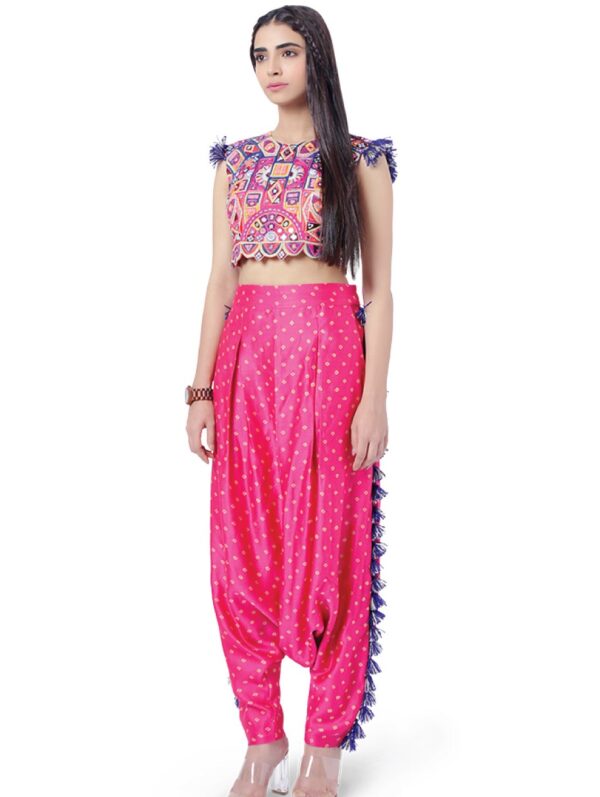 Payal Singhal - Rabia Hot Pink Colour Georgette Embroidered Choli with Bandhani Silk Low Crotch Pant