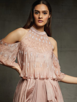 Pink Peacock Couture - Blush pink dhoti with embroidered top set - Image 3