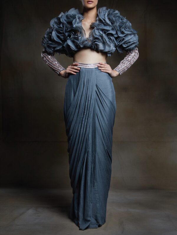 Pink Peacock Couture - Grey dhoti with ruffle blouse with embroidered sleeves