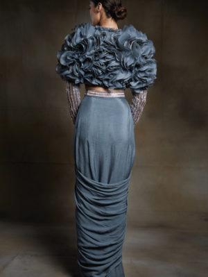 Pink Peacock Couture - Grey dhoti with ruffle blouse with embroidered sleeves - Image 2