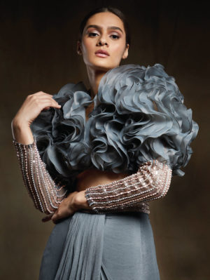 Pink Peacock Couture - Grey dhoti with ruffle blouse with embroidered sleeves - Image 3