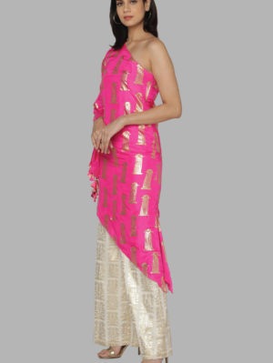 HOUSE OF MASABA - HOT PINK BLOOMING PILLAR ONE SHOULDER TUNIC  SET - Image 2