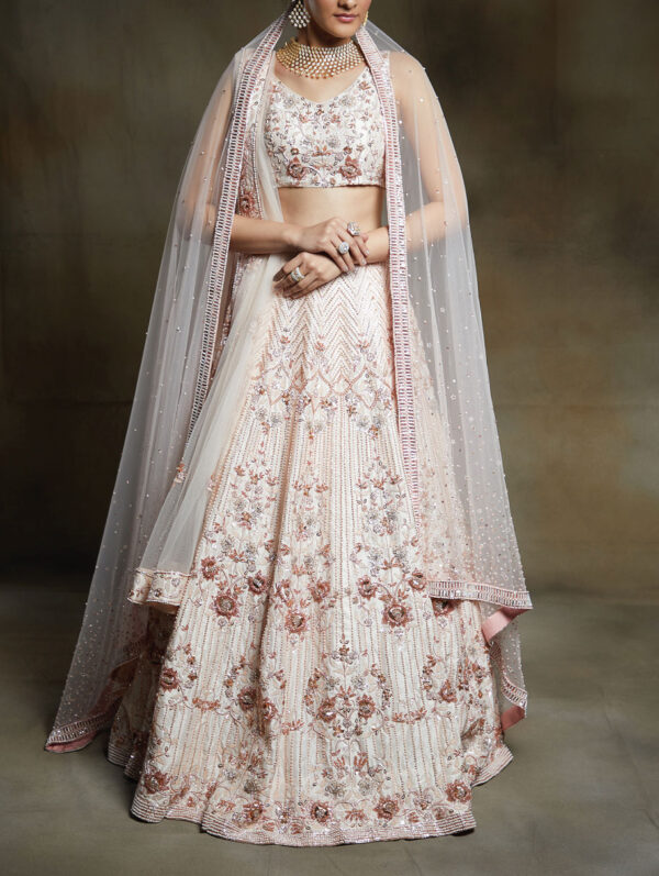 Pink Peacock Couture - Cream embroidered bridal lehenga with 2 dupattas