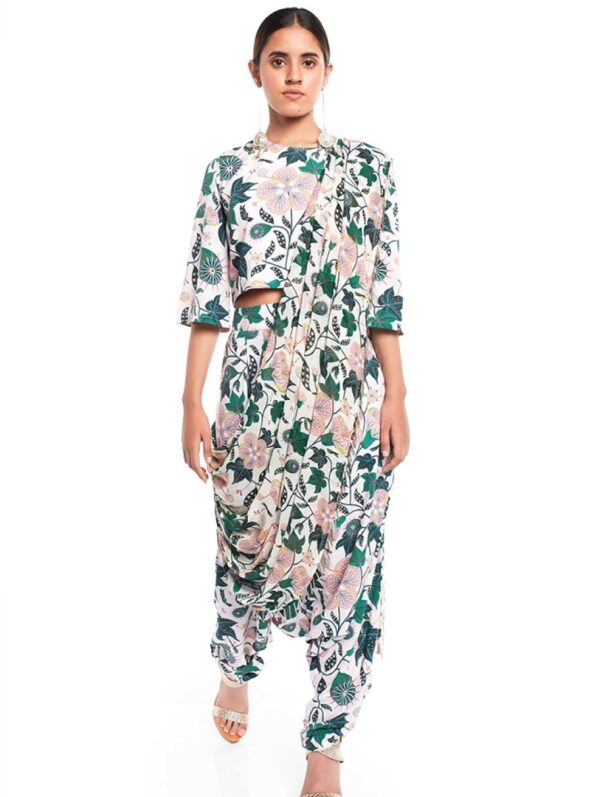 Payal Singhal - White Colour Printed Art Crepe Crop Top and Low Crotch Pant with Attached Art Georgette Drape Dupatta