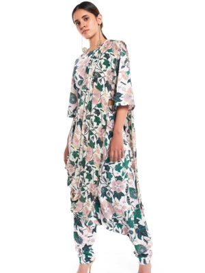 Payal Singhal - White Colour Printed Art Crepe Crop Top and Low Crotch Pant with Attached Art Georgette Drape Dupatta - Image 3