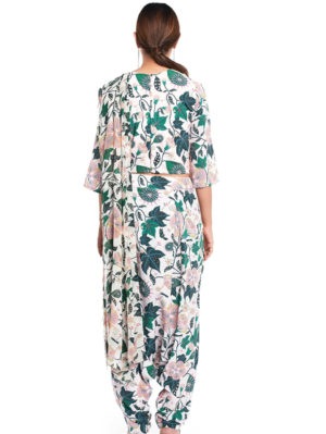 Payal Singhal - White Colour Printed Art Crepe Crop Top and Low Crotch Pant with Attached Art Georgette Drape Dupatta - Image 4
