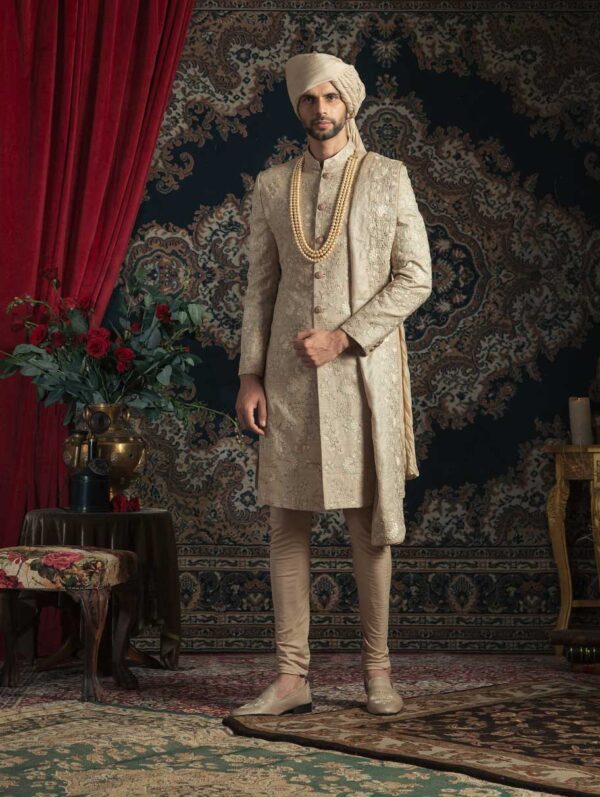 Rachit Khanna - Golden Matka Silk with peach thread work Sherwani