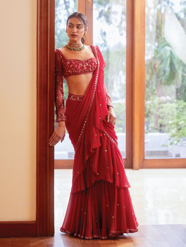 Sanya Gulati - Fuchsia Pre-Stitched Ruffle Saree with Blouse