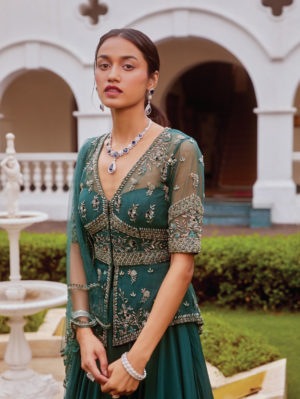 Sanya Gulati - Teal Green Peplum with Lehenga and Dupatta - Image 3