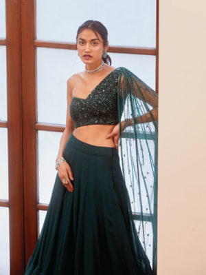 Sanya Gulati - Teal Green Tonal Embroidered Blouse and Lehenga - Image 2