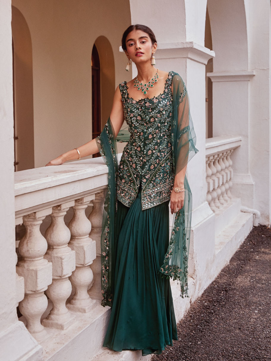 Mehndi Wear - Bottle Green Short Shirt Dupatta - Gharara