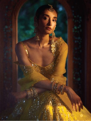 Seema Gujral - Yellow Mirror Work Lehenga - Image 2