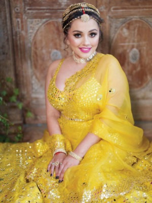 Seema Gujral - Yellow Mirror Work Lehenga - Image 4