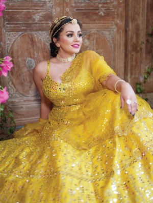 Seema Gujral - Yellow Mirror Work Lehenga - Image 8