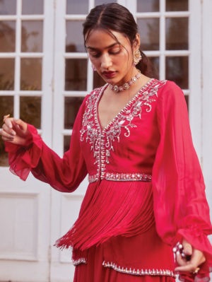 Sanya Gulati - Fuchsia Fringe Peplum with Flared Palazzo - Image 4