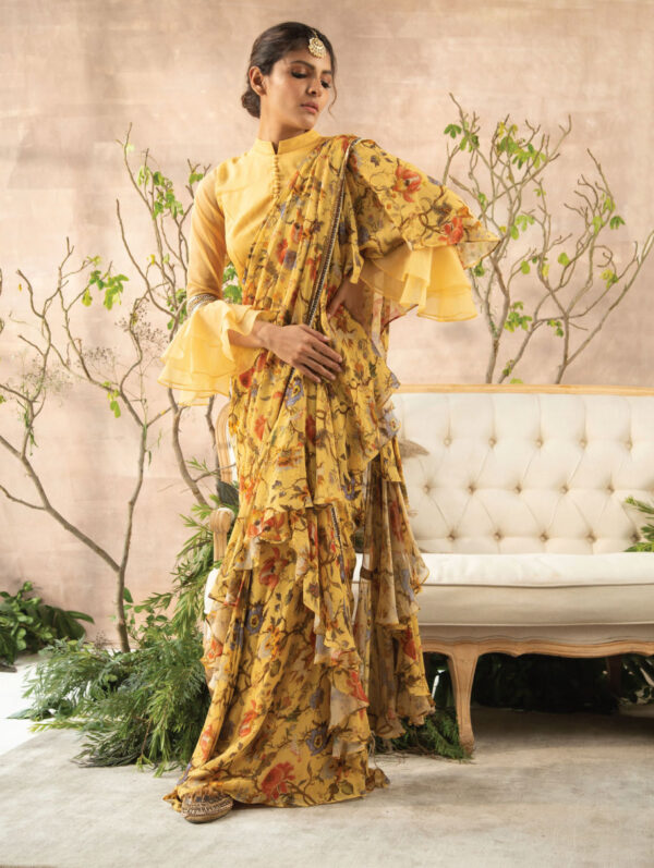 Kalista - Yellow Printed Idika Vintage Rose handrafted Saree