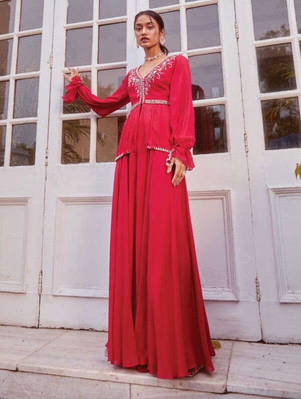 Sanya Gulati - Fuchsia Fringe Peplum with Flared Palazzo