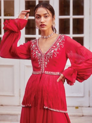 Sanya Gulati - Fuchsia Fringe Peplum with Flared Palazzo - Image 2