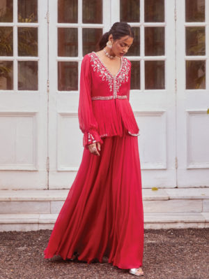 Sanya Gulati - Fuchsia Fringe Peplum with Flared Palazzo - Image 3