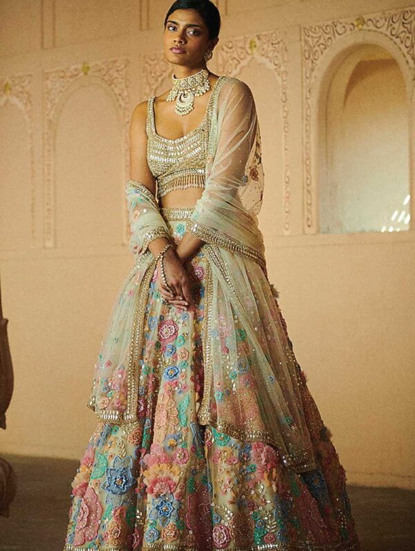 Seema Gujral - Three Dimensional Pastel Floral Lehenga Set