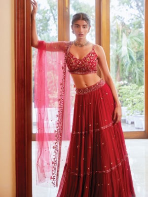 Sanya Gulati - Fuchsia Three Tiered Lehenga with Blouse and Dupatta - Image 2