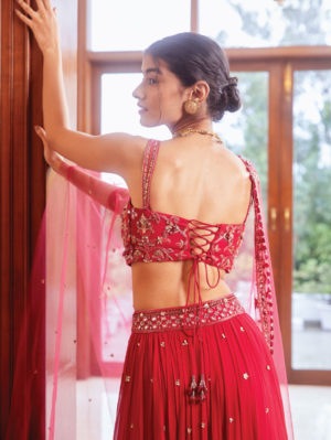 Sanya Gulati - Fuchsia Three Tiered Lehenga with Blouse and Dupatta - Image 3