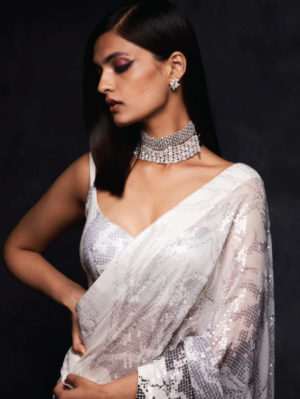 Seema Gujral - Grey & White Saree - Image 2