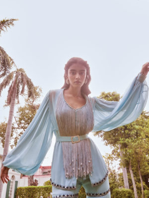 Sanya Gulati - Ice Blue Fringed Peplum with Sharara Pants - Image 4