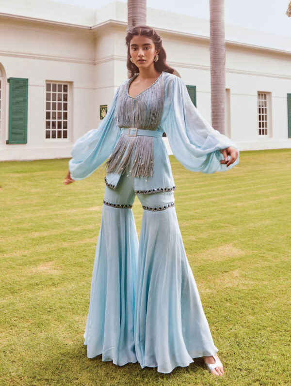 Sanya Gulati - Ice Blue Fringed Peplum with Sharara Pants