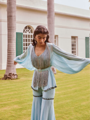 Sanya Gulati - Ice Blue Fringed Peplum with Sharara Pants - Image 3