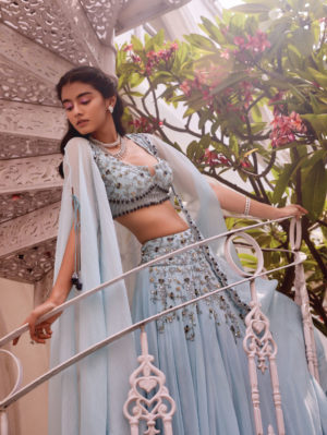 Sanya Gulati - Ice blue Embroidered Lehenga Blouse with Cape - Image 2
