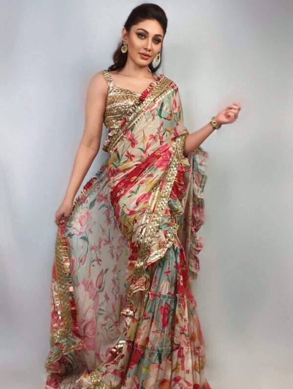 Gopi Vaid - Khushi Frill Saree Red Printed