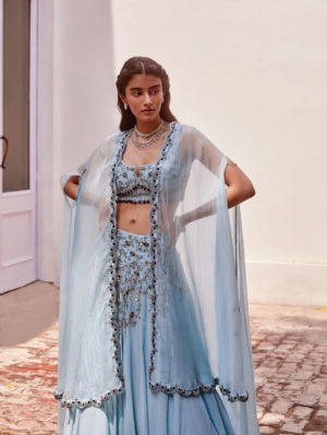 Sanya Gulati - Ice blue Embroidered Lehenga Blouse with Cape - Image 3