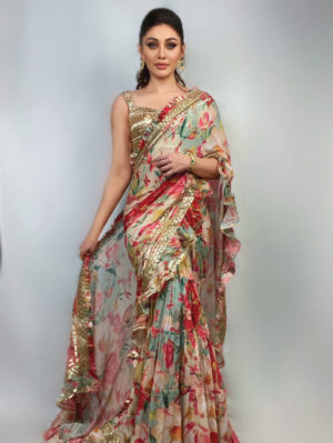 Gopi Vaid - Khushi Frill Saree Red Printed - Image 2